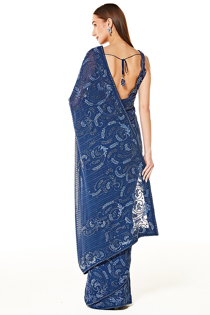 Blue Georgette Hand Embroidered Reception Saree Set by Rabani & Rakha at Pernia's Pop Up Shop