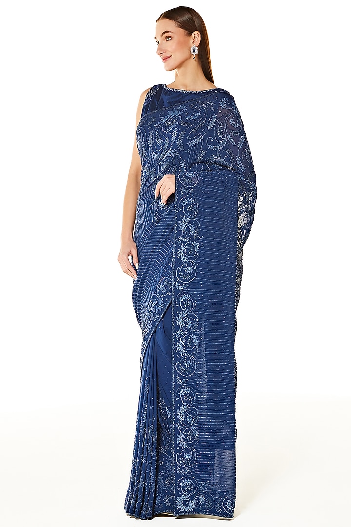 Blue Georgette Hand Embroidered Reception Saree Set by Rabani & Rakha at Pernia's Pop Up Shop