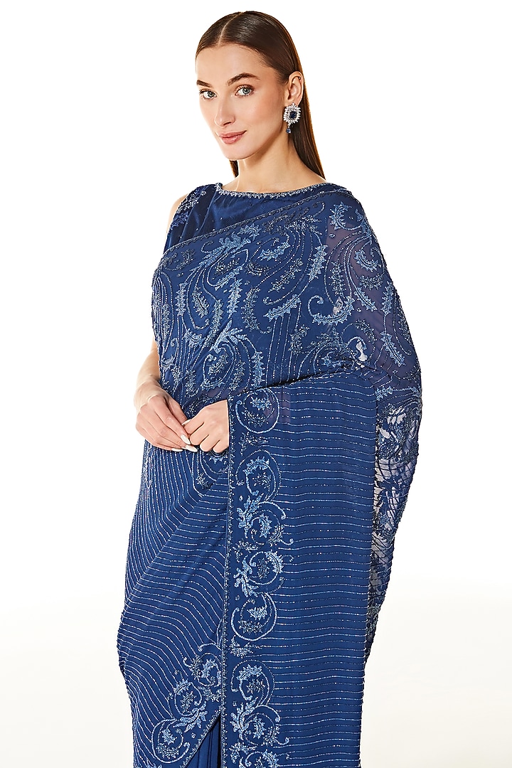 Blue Georgette Hand Embroidered Reception Saree Set by Rabani & Rakha at Pernia's Pop Up Shop