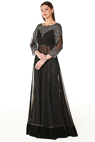 Black Georgette & Net Hand Embroidered Gown by Rabani & Rakha