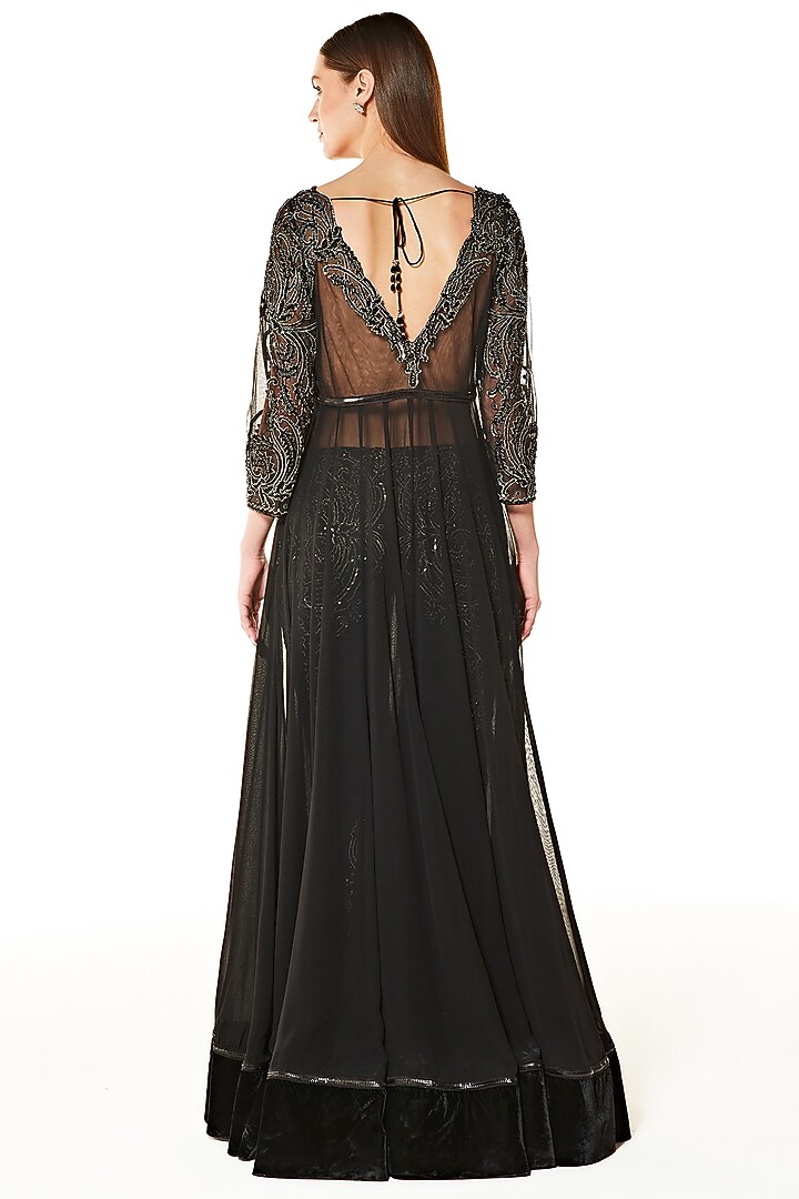 Black Georgette & Net Hand Embroidered Wedding Gown by Rabani & Rakha at Pernia's Pop Up Shop