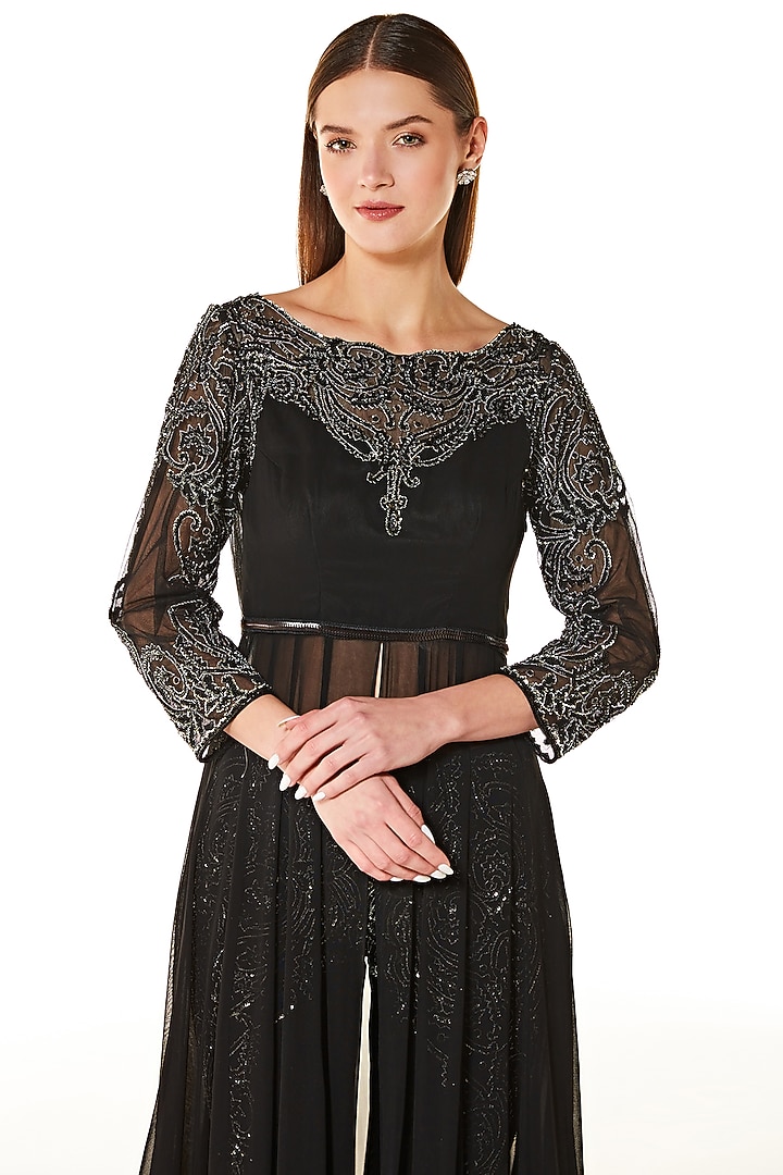 Black Georgette & Net Hand Embroidered Wedding Gown by Rabani & Rakha at Pernia's Pop Up Shop