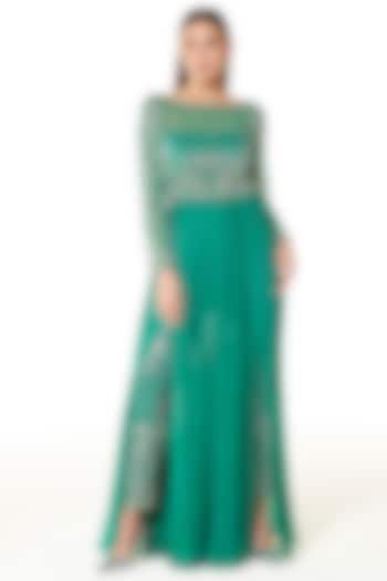Aqua Green Chiffon & Net Hand Embroidered Gown by Rabani & Rakha