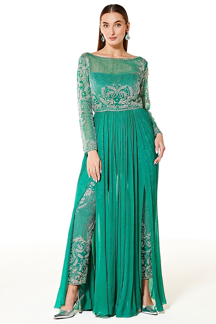 Aqua Green Chiffon & Net Hand Embroidered Gown by Rabani & Rakha