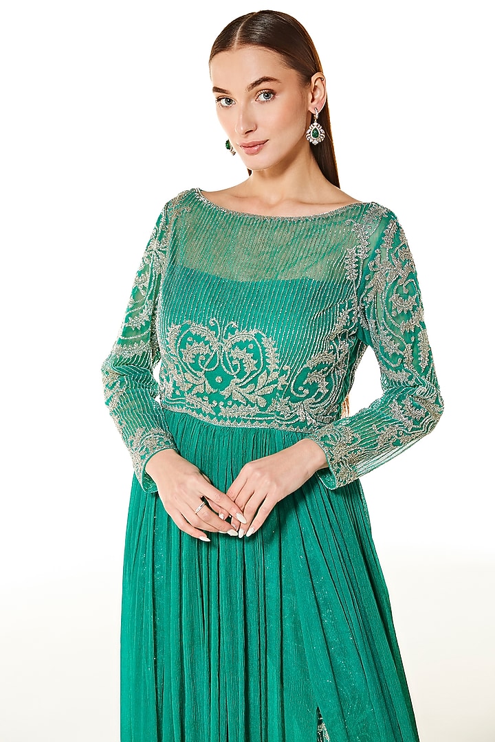 Aqua Green Chiffon & Net Hand Embroidered Wedding Gown by Rabani & Rakha at Pernia's Pop Up Shop