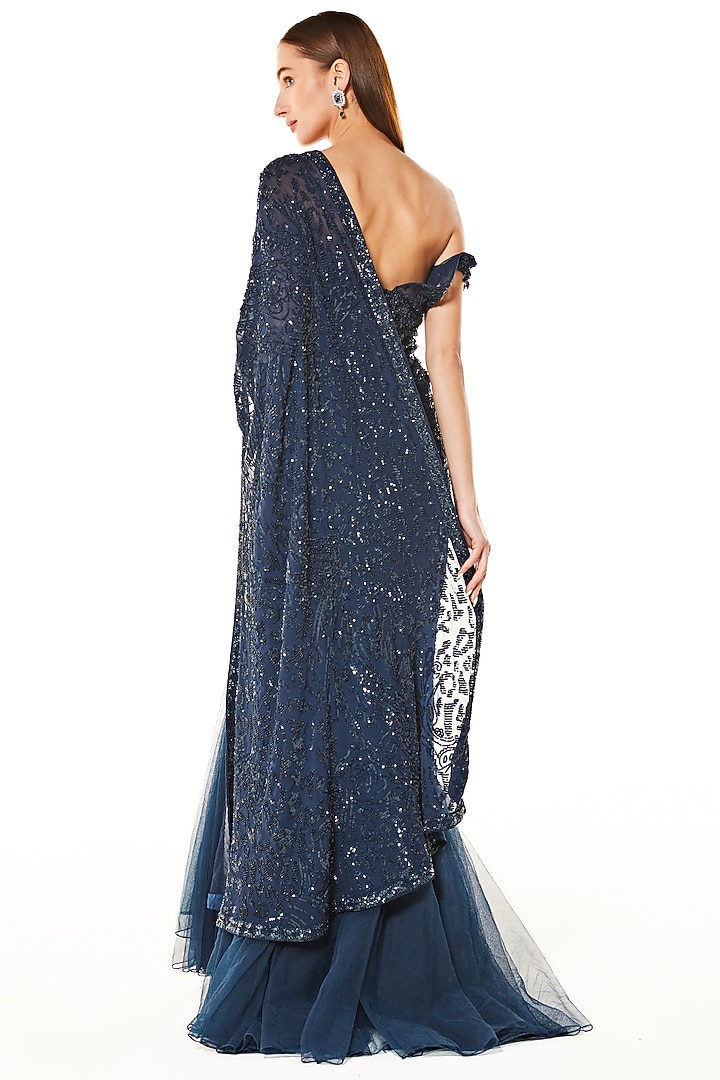 Blue Georgette & Net Embroidered Reception Lehenga Saree Set by Rabani & Rakha at Pernia's Pop Up Shop
