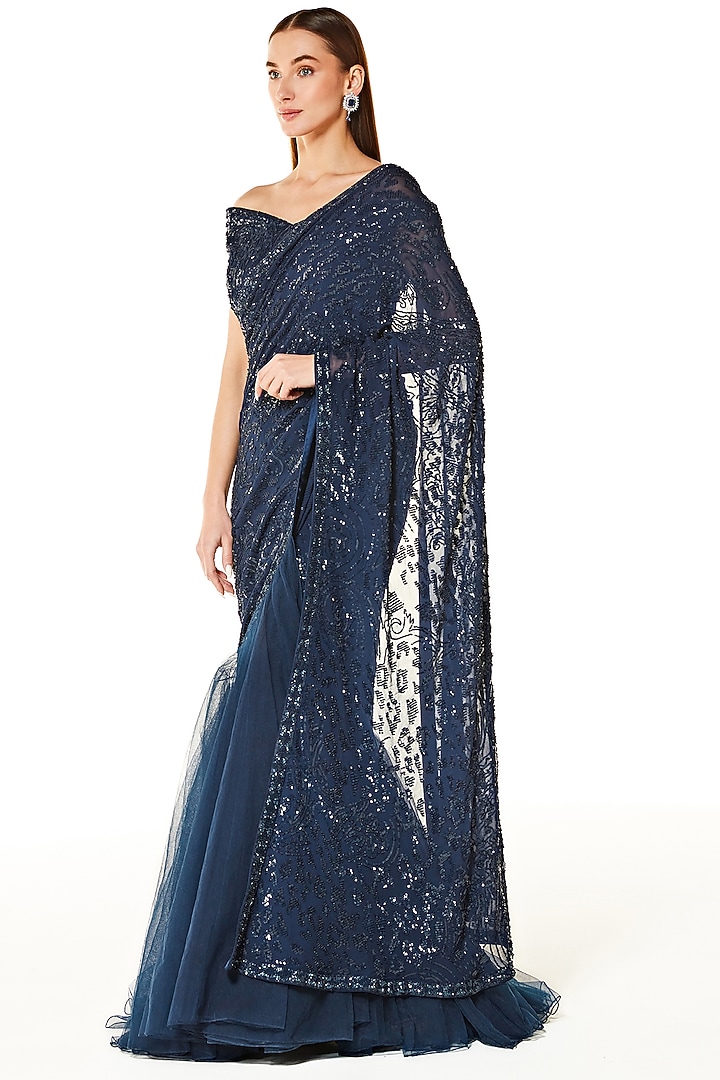 Blue Georgette & Net Embroidered Reception Lehenga Saree Set by Rabani & Rakha at Pernia's Pop Up Shop