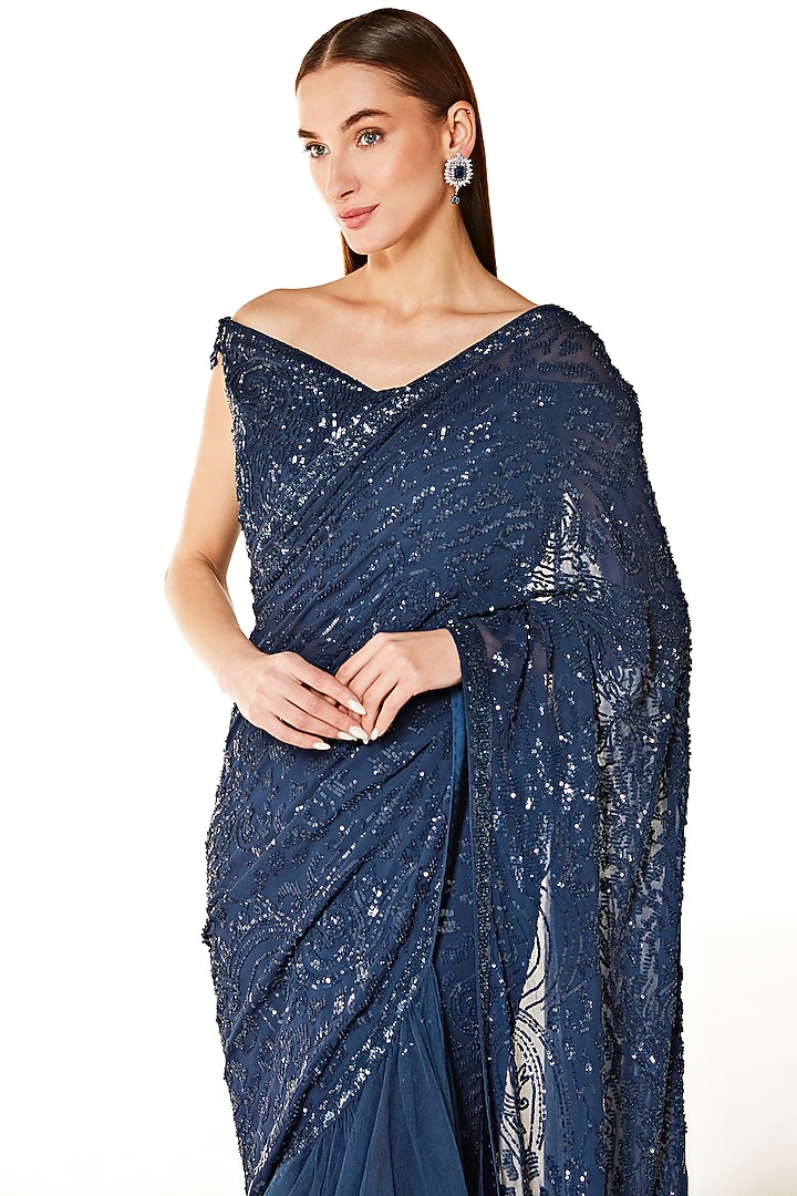 Blue Georgette & Net Embroidered Reception Lehenga Saree Set by Rabani & Rakha at Pernia's Pop Up Shop