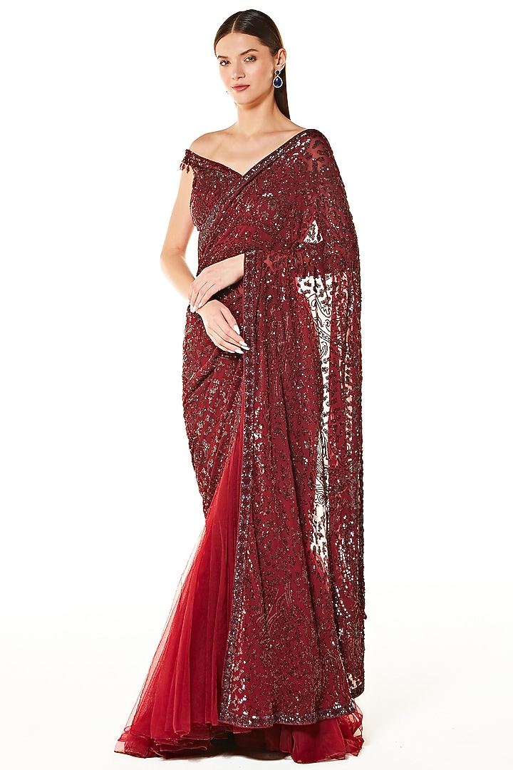 Ox Blood Georgette & Net Sequins hand Embroidered Reception Lehenga Saree Set by Rabani & Rakha at Pernia's Pop Up Shop