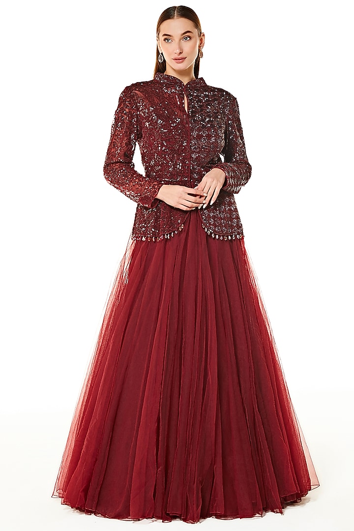 Oxblood Ne Cutdana Hand Embroidered Puffed Wedding Lehenga Set by Rabani & Rakha at Pernia's Pop Up Shop