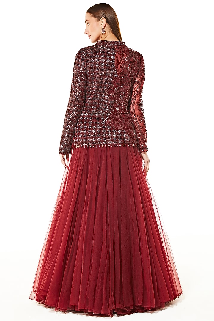 Oxblood Ne Cutdana Hand Embroidered Puffed Wedding Lehenga Set by Rabani & Rakha at Pernia's Pop Up Shop