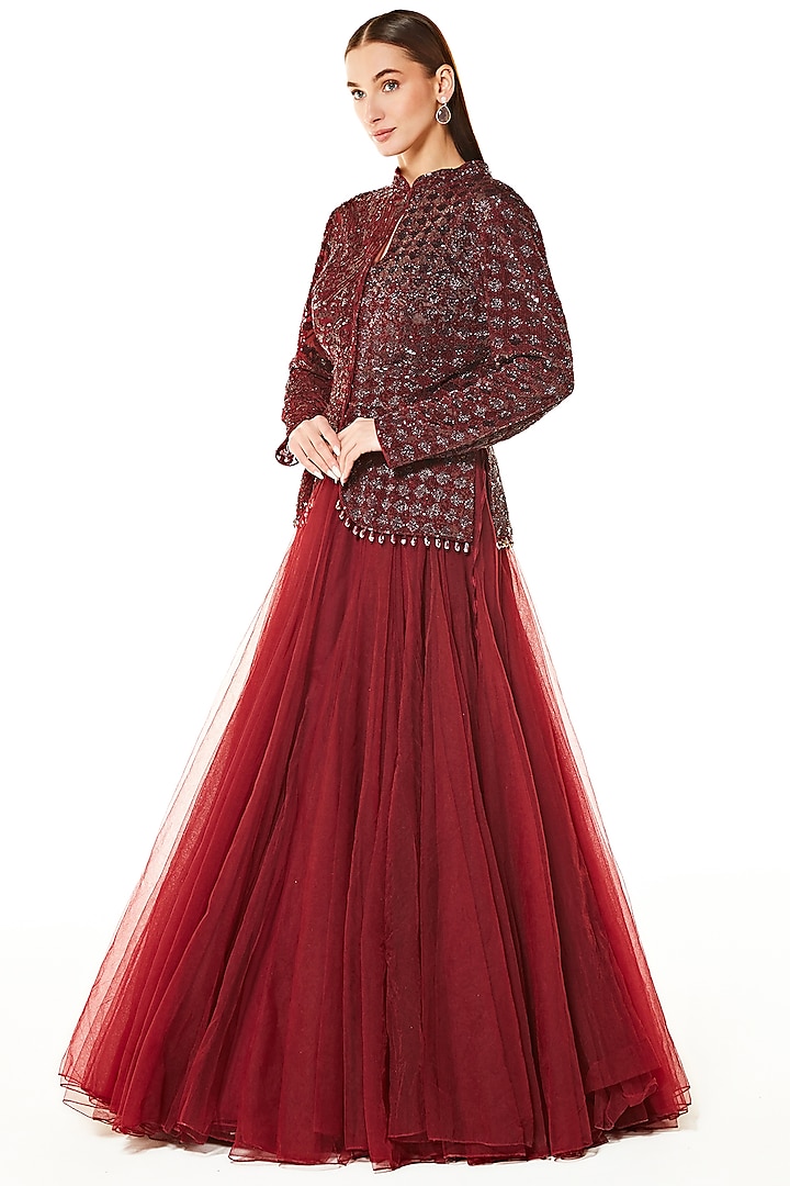 Oxblood Ne Cutdana Hand Embroidered Puffed Wedding Lehenga Set by Rabani & Rakha at Pernia's Pop Up Shop