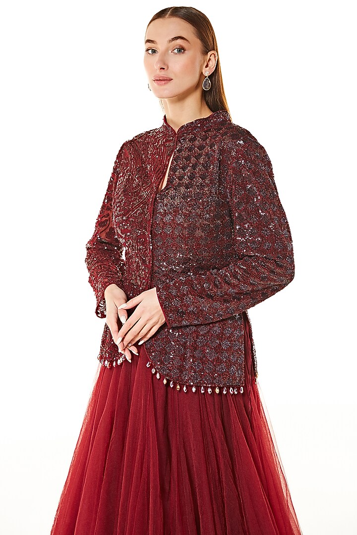 Oxblood Ne Cutdana Hand Embroidered Puffed Wedding Lehenga Set by Rabani & Rakha at Pernia's Pop Up Shop