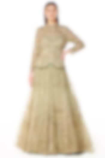 Sage Green Ne Cutdana Hand Embroidered Puffed Bridal Lehenga Set by Rabani & Rakha at Pernia's Pop Up Shop