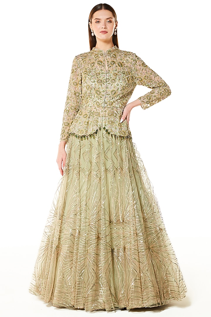 Sage Green Ne Cutdana Hand Embroidered Puffed Bridal Lehenga Set by Rabani & Rakha at Pernia's Pop Up Shop