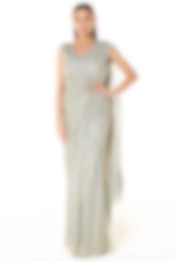 Silver Grey Georgette Sequins Embroidered Pre-Stitched Reception Saree Set by Rabani & Rakha at Pernia's Pop Up Shop