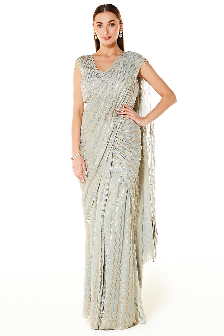 Silver Grey Georgette Sequins Embroidered Pre-Stitched Reception Saree Set by Rabani & Rakha at Pernia's Pop Up Shop