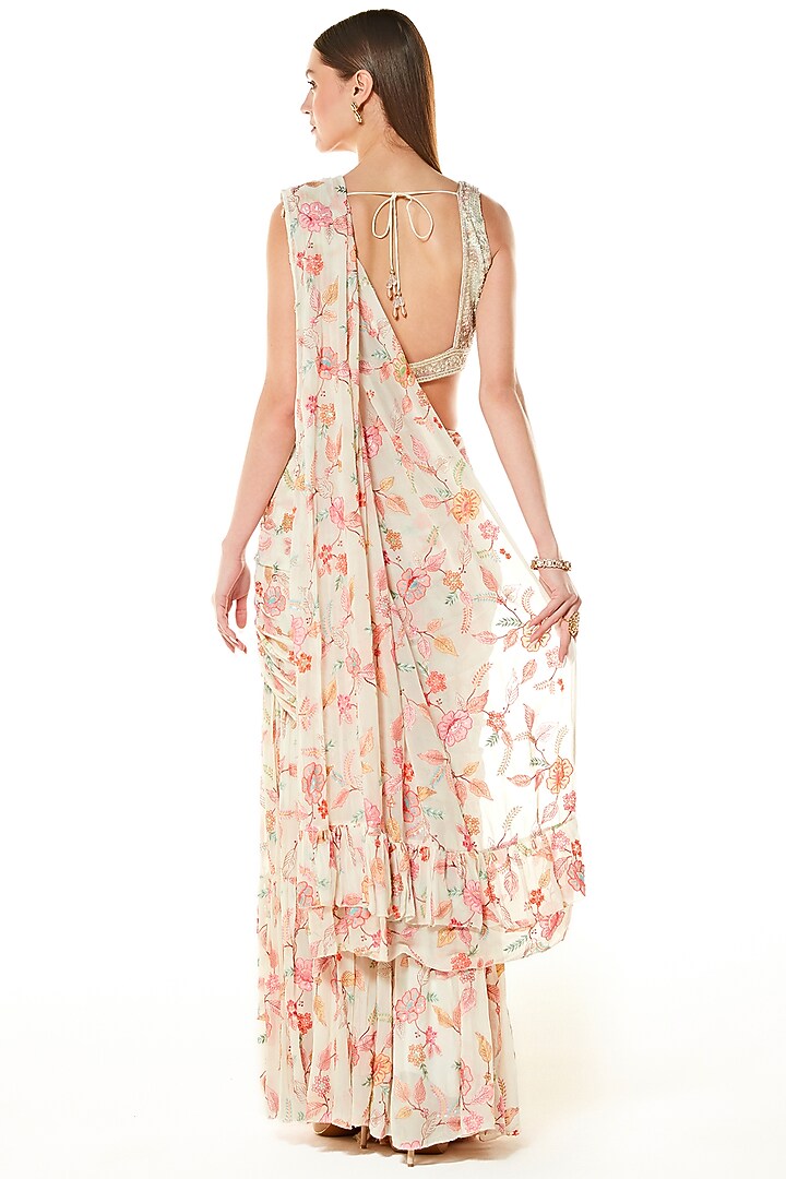 Ivory Georgette Embroidered Pre-Stitched Reception Saree Set by Rabani & Rakha at Pernia's Pop Up Shop