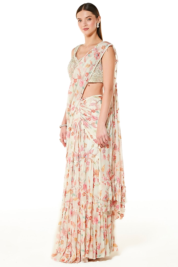 Ivory Georgette Embroidered Pre-Stitched Reception Saree Set by Rabani & Rakha at Pernia's Pop Up Shop