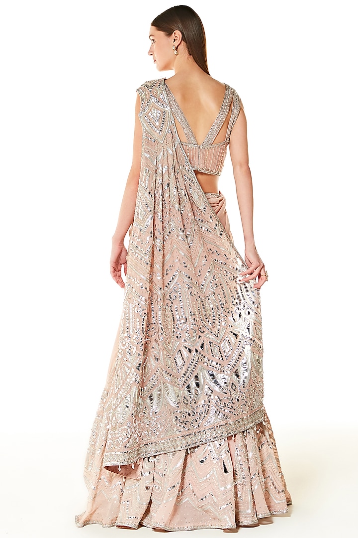 Blush Peach Georgette Embroidered Reception Lehenga Saree Set by Rabani & Rakha at Pernia's Pop Up Shop