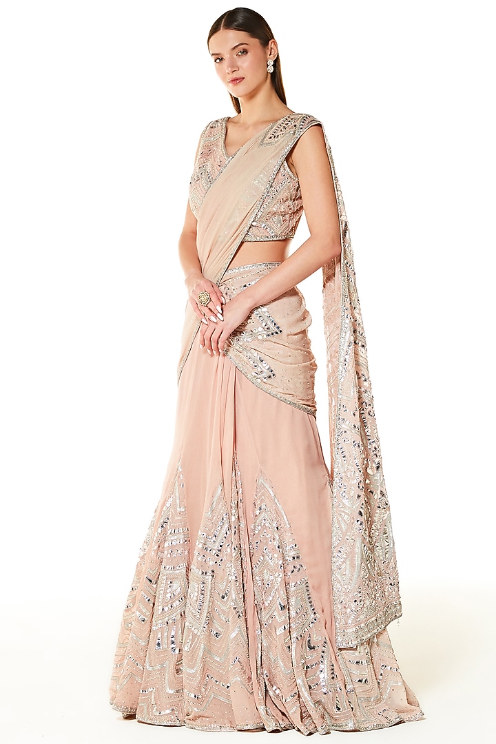 Blush Peach Georgette Embroidered Reception Lehenga Saree Set by Rabani & Rakha at Pernia's Pop Up Shop