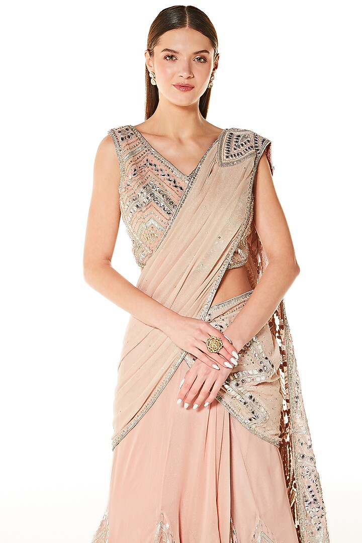 Blush Peach Georgette Embroidered Reception Lehenga Saree Set by Rabani & Rakha at Pernia's Pop Up Shop