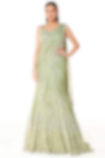 Sage Green Georgette Thread Embroidered Wrapped Reception Lehenga Saree Set by Rabani & Rakha at Pernia's Pop Up Shop