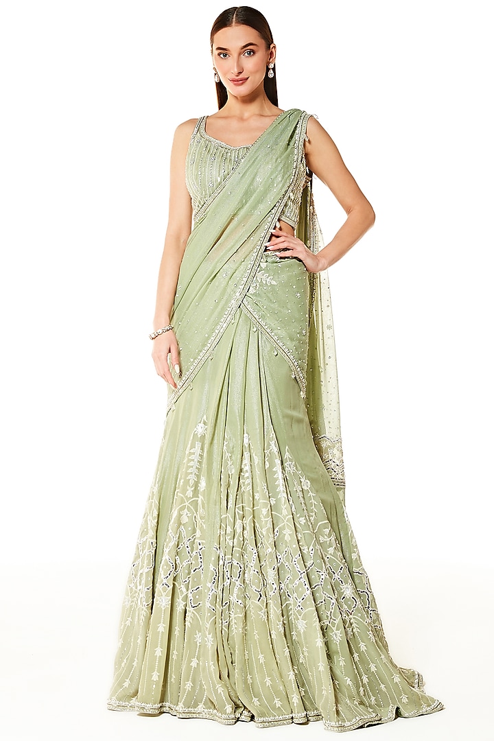 Sage Green Georgette Thread Embroidered Wrapped Reception Lehenga Saree Set by Rabani & Rakha at Pernia's Pop Up Shop