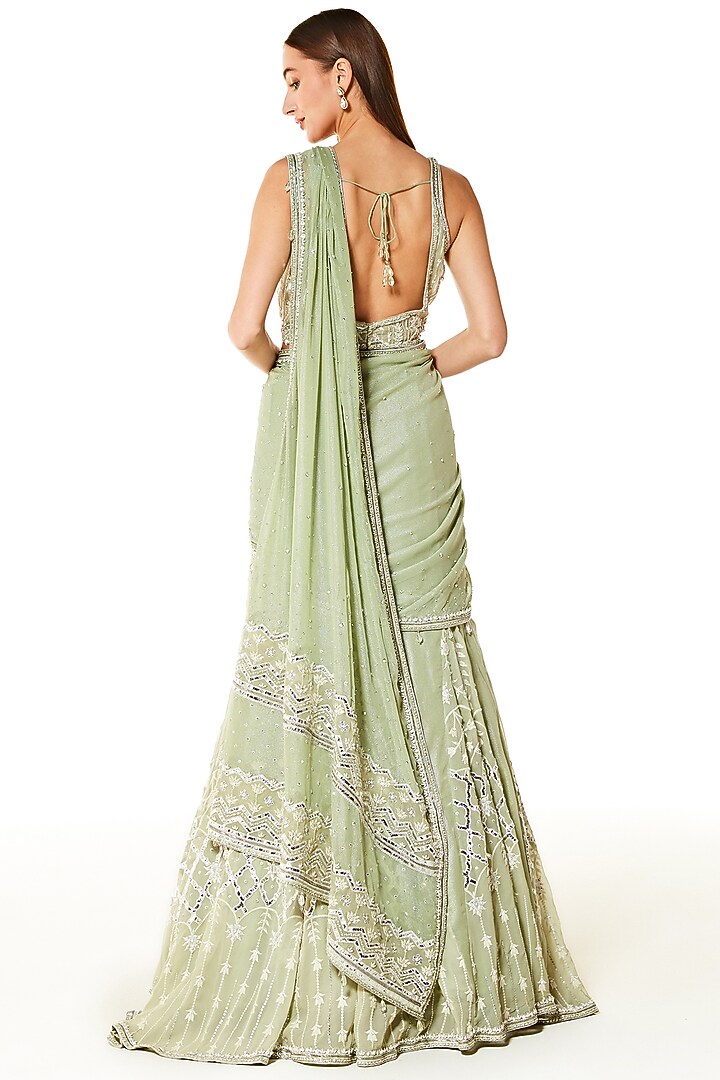 Sage Green Georgette Thread Embroidered Wrapped Reception Lehenga Saree Set by Rabani & Rakha at Pernia's Pop Up Shop