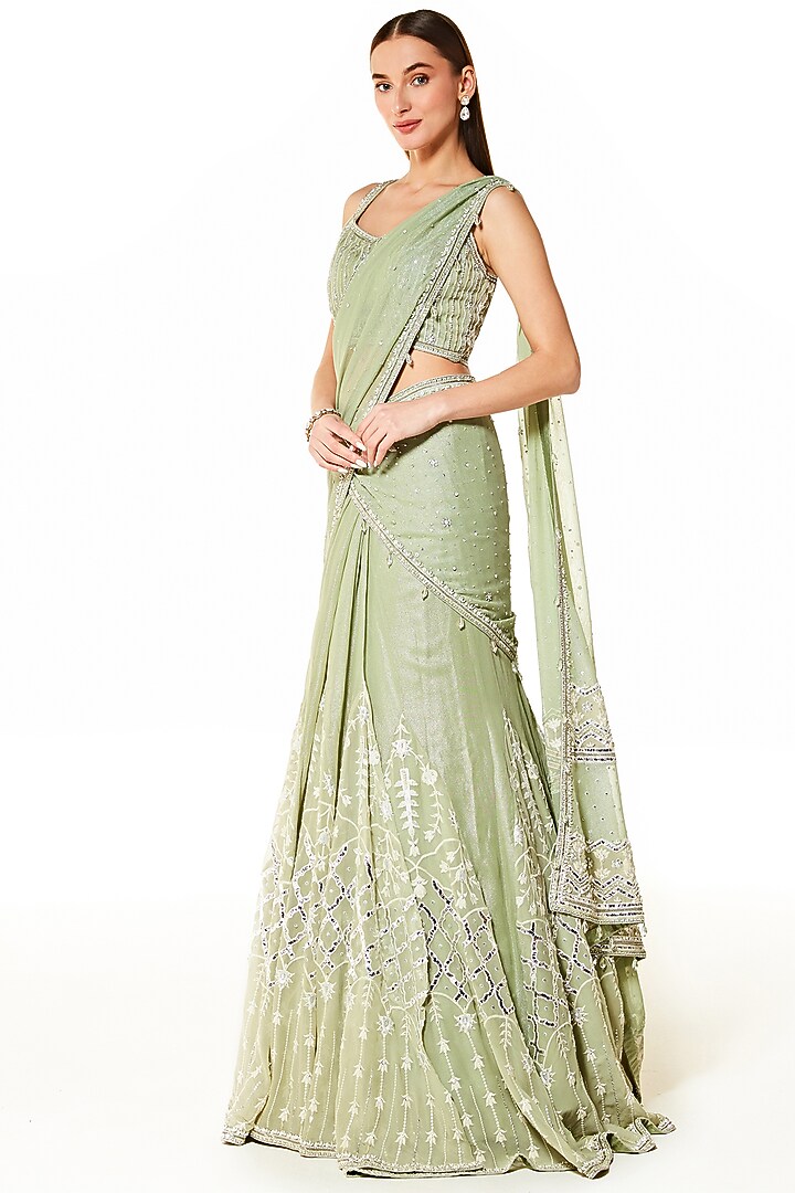 Sage Green Georgette Thread Embroidered Wrapped Reception Lehenga Saree Set by Rabani & Rakha at Pernia's Pop Up Shop