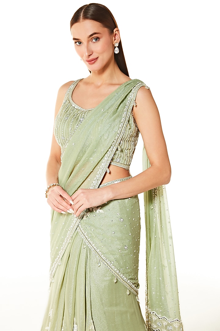 Sage Green Georgette Thread Embroidered Wrapped Reception Lehenga Saree Set by Rabani & Rakha at Pernia's Pop Up Shop