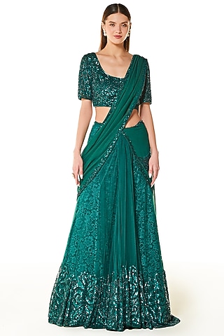 Peacock Green Georgette Thread Embroidered Wrapped Lehenga Saree Set by Rabani & Rakha