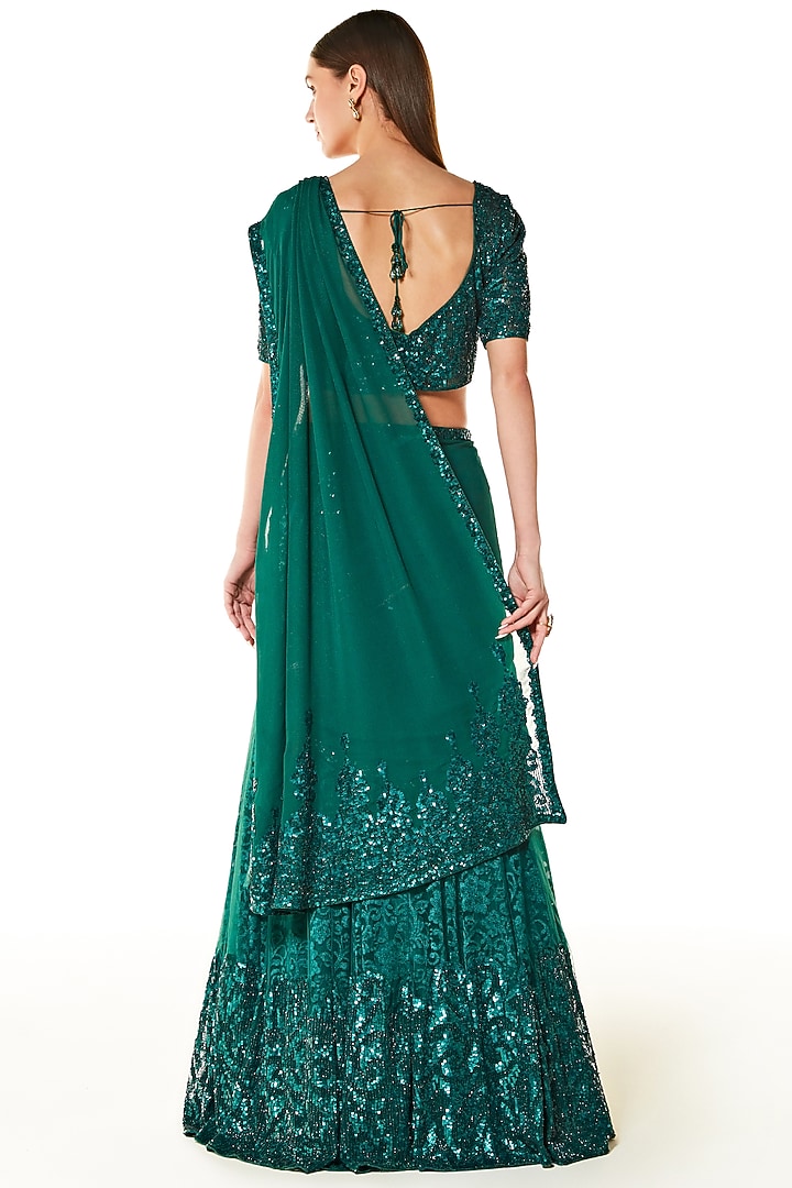 Peacock Green Georgette Thread Embroidered Wrapped Reception Lehenga Saree Set by Rabani & Rakha at Pernia's Pop Up Shop