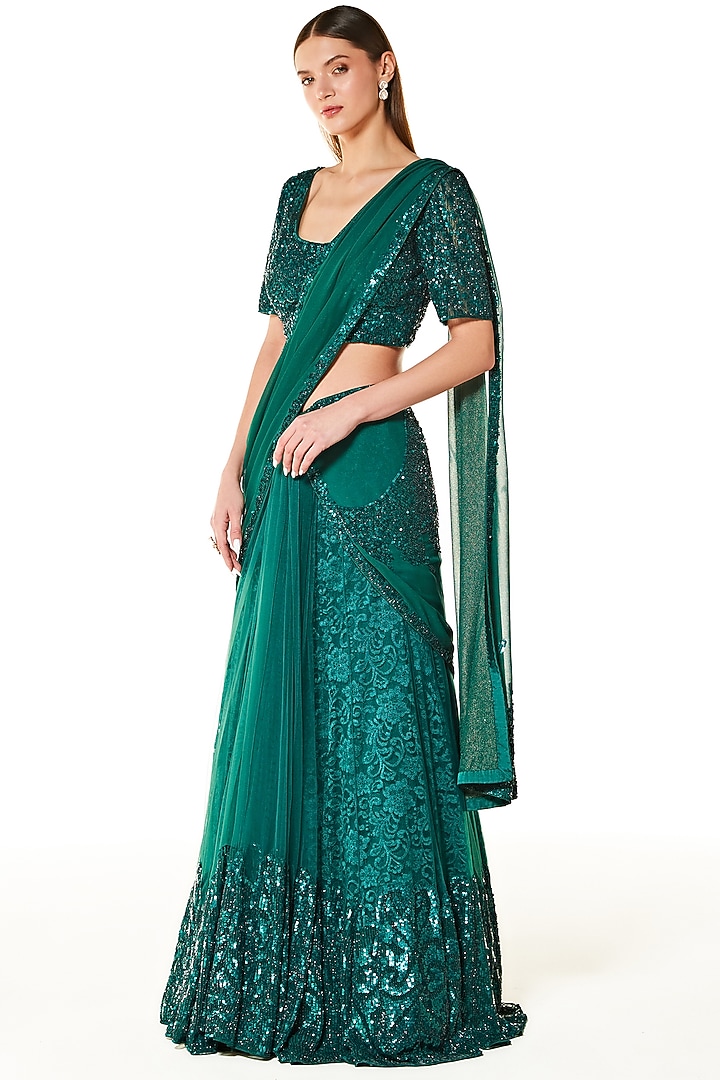 Peacock Green Georgette Thread Embroidered Wrapped Reception Lehenga Saree Set by Rabani & Rakha at Pernia's Pop Up Shop