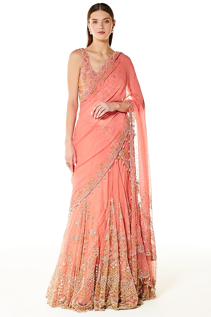 Fresh Pink Net & Georgette Hand Embroidered Wrapped Lehenga Saree Set by Rabani & Rakha