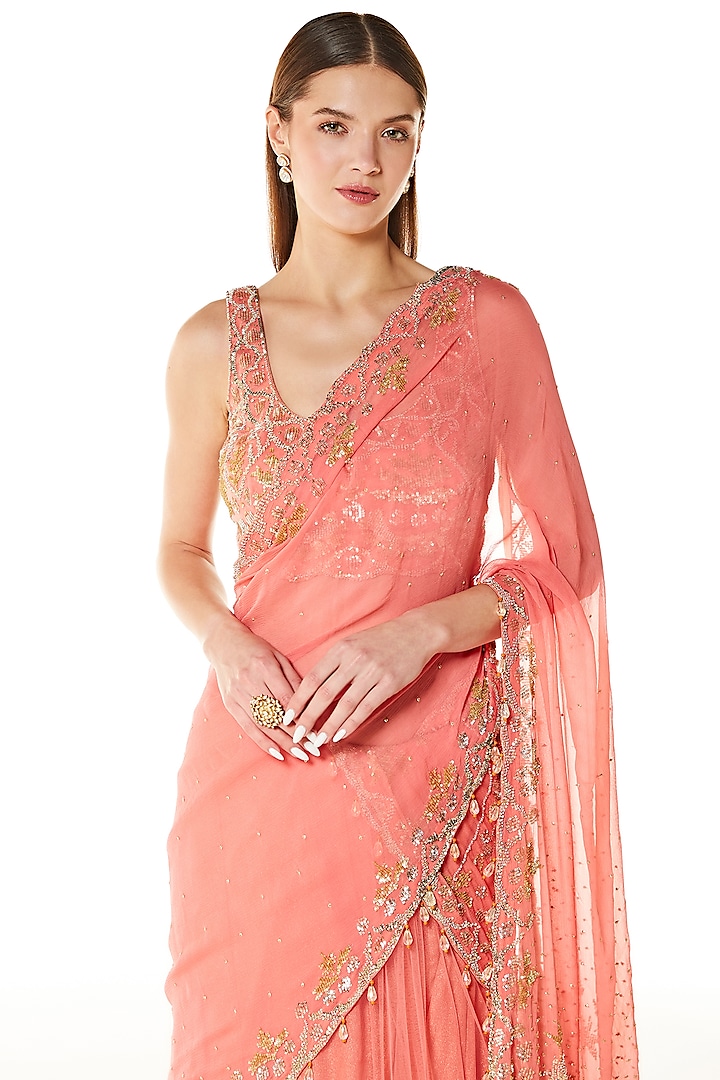 Fresh Pink Net & Georgette Hand Embroidered Wrapped Bridal Lehenga Saree Set by Rabani & Rakha at Pernia's Pop Up Shop