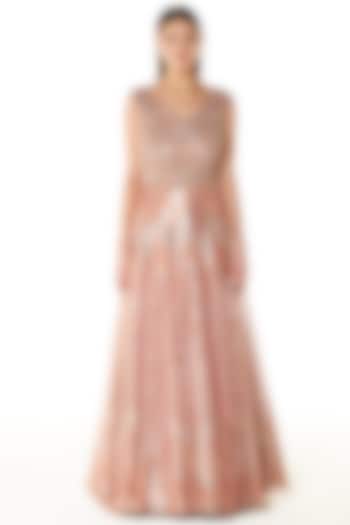 Salmon Net Sequins Embroidered Gown by Rabani & Rakha