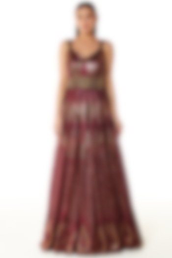 Wine Net Sequins Embroidered Gown by Rabani & Rakha