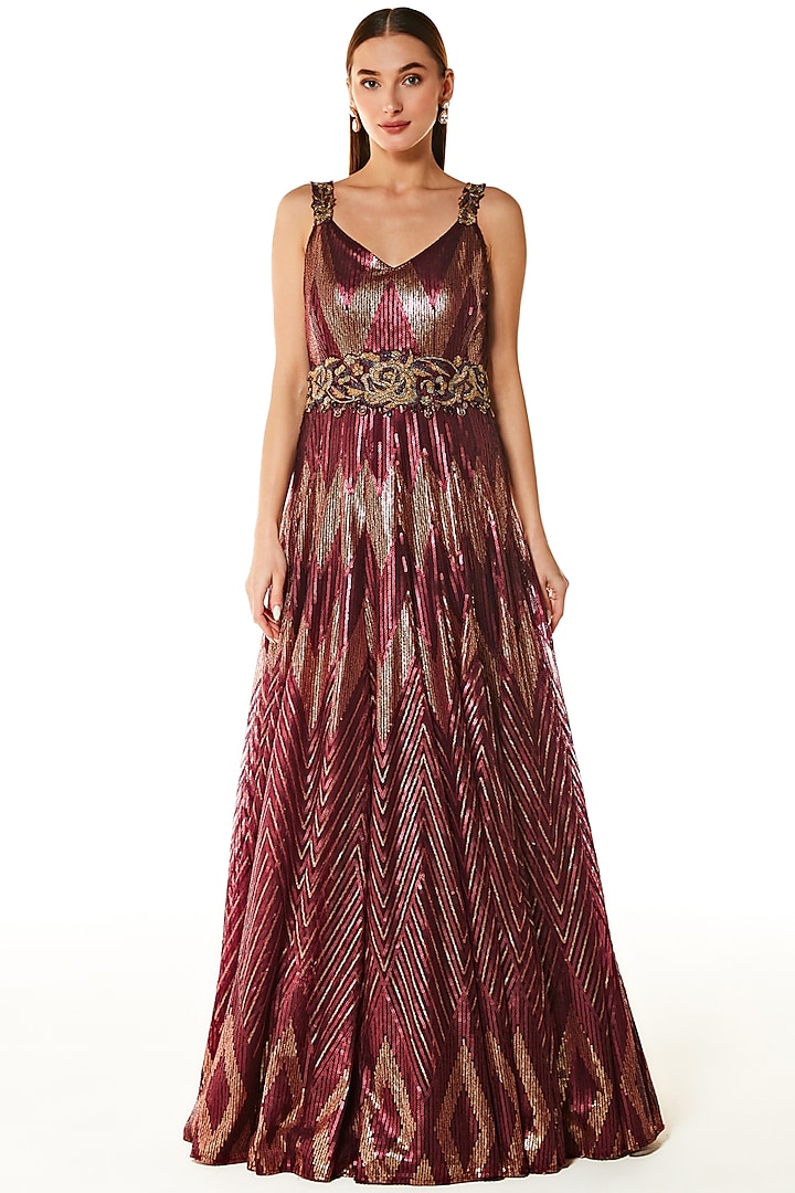 Wine Net Sequins Embroidered Gown by Rabani & Rakha