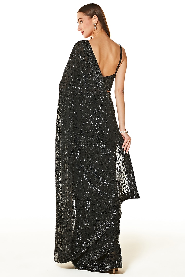 Black Georgette Hand Embroidered Reception Saree Set by Rabani & Rakha at Pernia's Pop Up Shop
