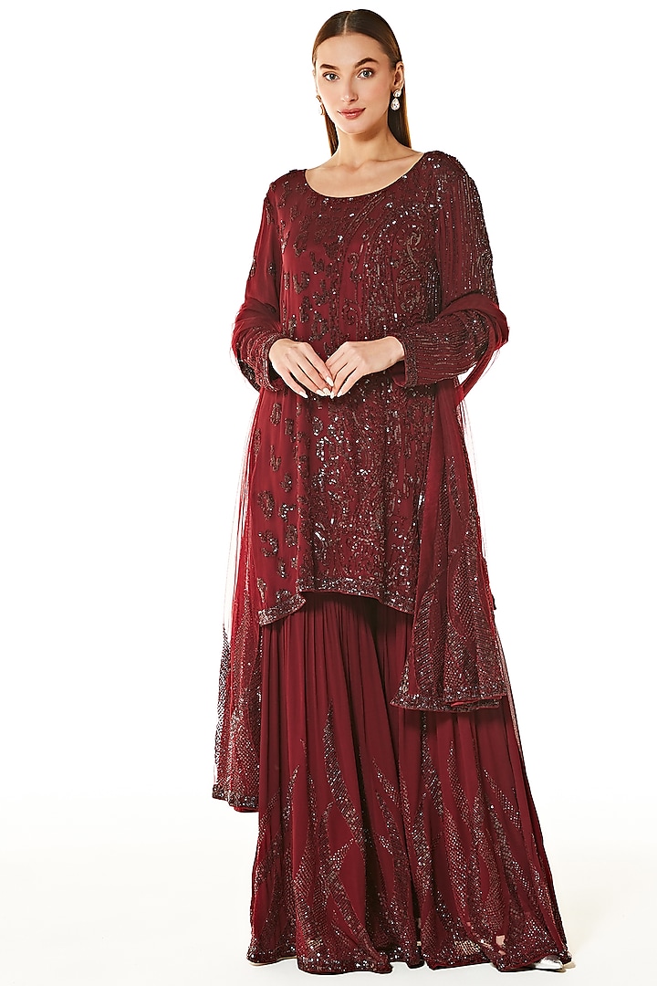 Ox Blood Georgette Embroidered Sharara Set by Rabani & Rakha