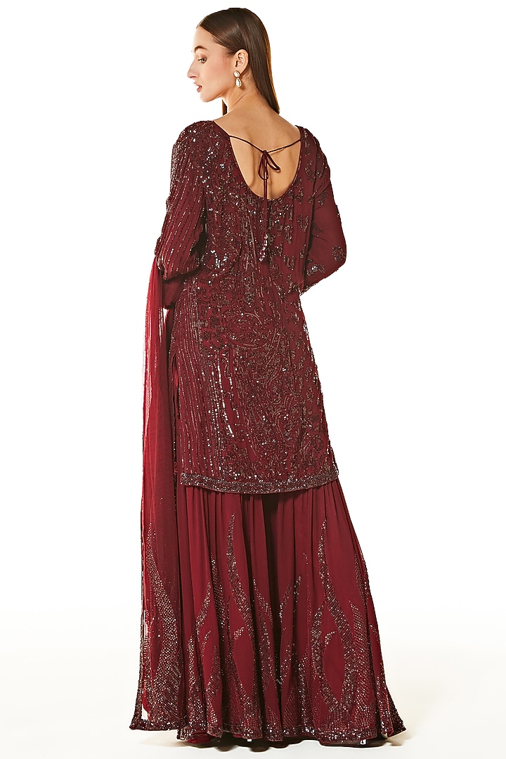 Ox Blood Georgette Embroidered Bridal Sharara Set by Rabani & Rakha at Pernia's Pop Up Shop