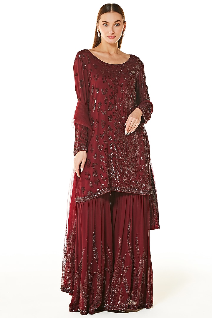 Ox Blood Georgette Embroidered Bridal Sharara Set by Rabani & Rakha at Pernia's Pop Up Shop