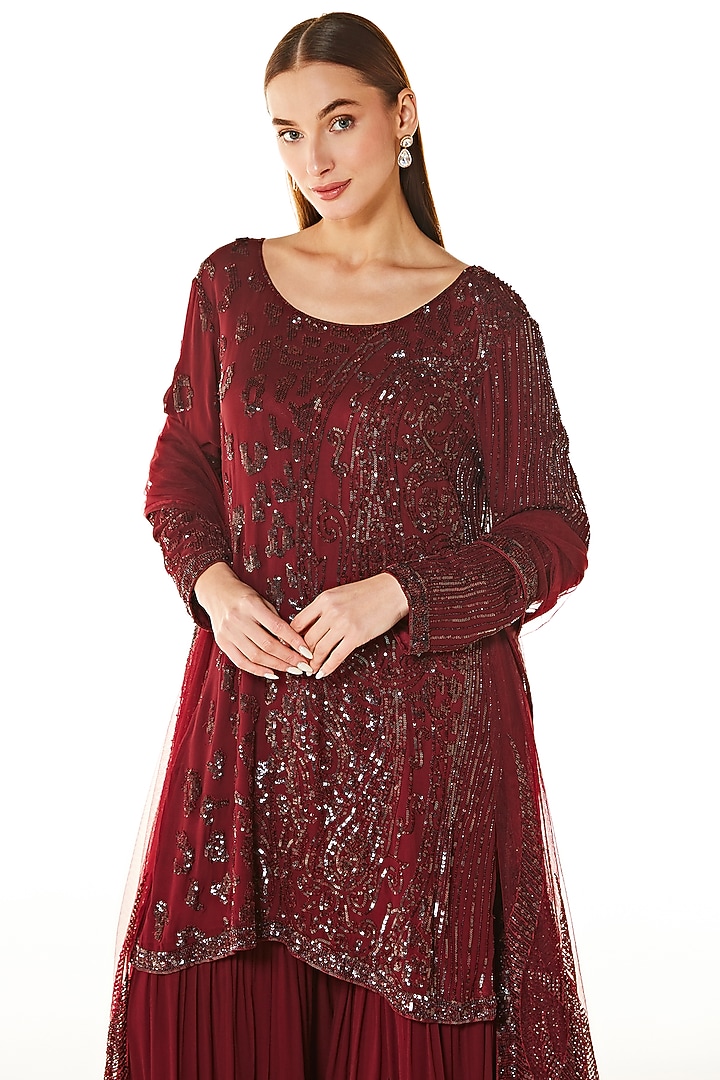 Ox Blood Georgette Embroidered Bridal Sharara Set by Rabani & Rakha at Pernia's Pop Up Shop