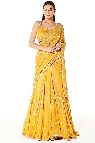 Mustard Yellow Georgette Resham & Sequins Embroidered Lehenga Saree Set
 by Rabani & Rakha
