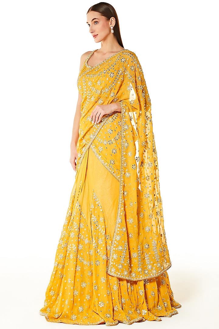 Mustard Yellow Georgette Resham & Sequins Embroidered Reception Lehenga Saree Set
by Rabani & Rakha at Pernia's Pop Up Shop