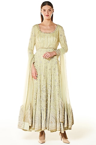 Sage Green Georgette Embroidered Anarkali Set by Rabani & Rakha
