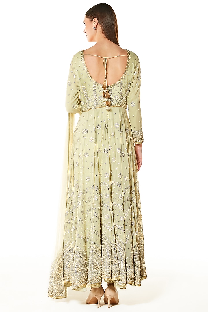 Sage Green Georgette Embroidered Bridal Anarkali Set by Rabani & Rakha at Pernia's Pop Up Shop