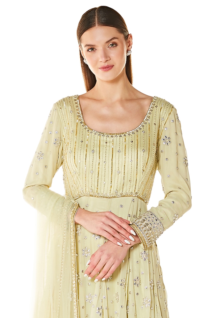 Sage Green Georgette Embroidered Bridal Anarkali Set by Rabani & Rakha at Pernia's Pop Up Shop
