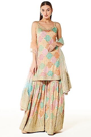 Multi-Colored Georgette Bandhani Gharara Set by Rabani & Rakha